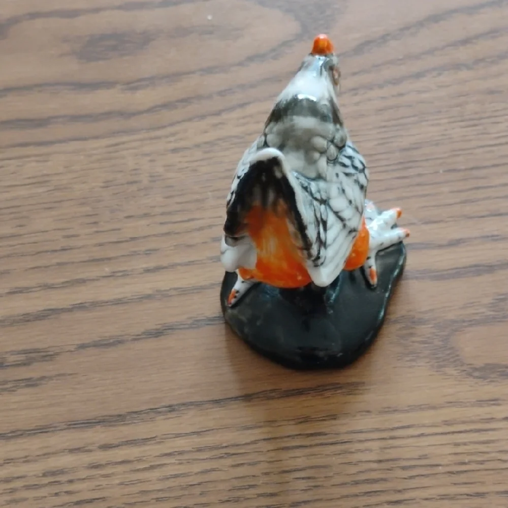 Ceramic Bird Perch Ornament in Black, White & Orange - Decorative Accent